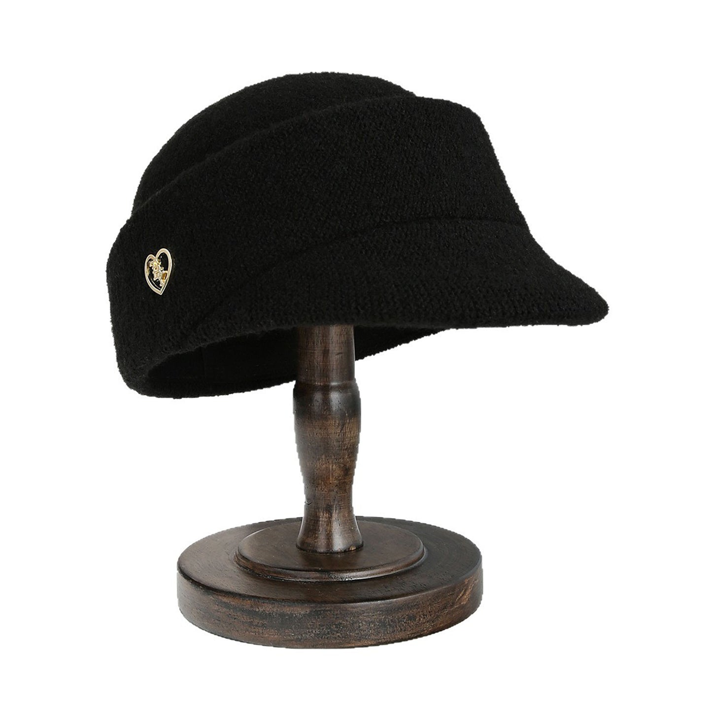 Knit Cloche Hat with Structured Brim and Decorative Metal Accent