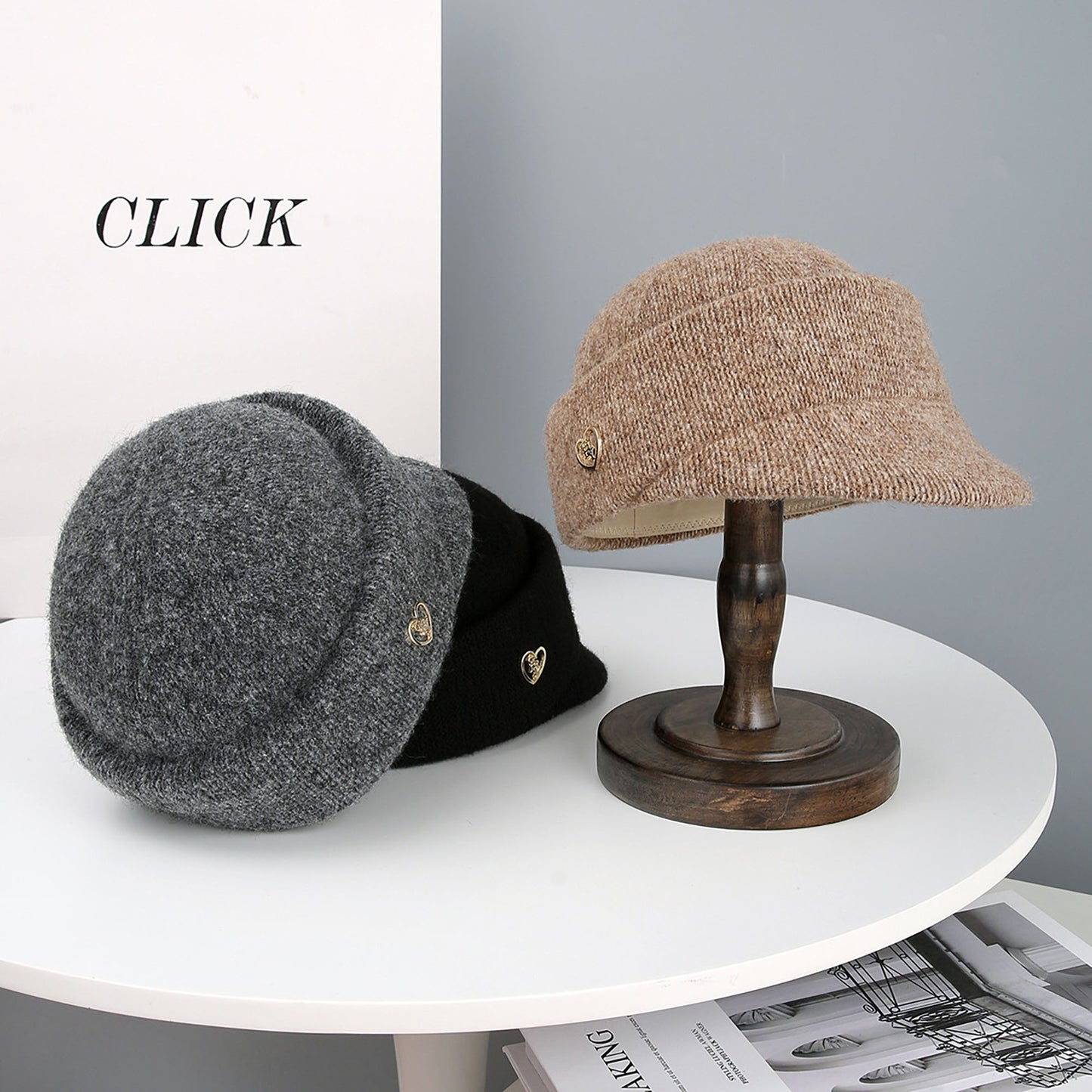 Knit Cloche Hat with Structured Brim and Decorative Metal Accent