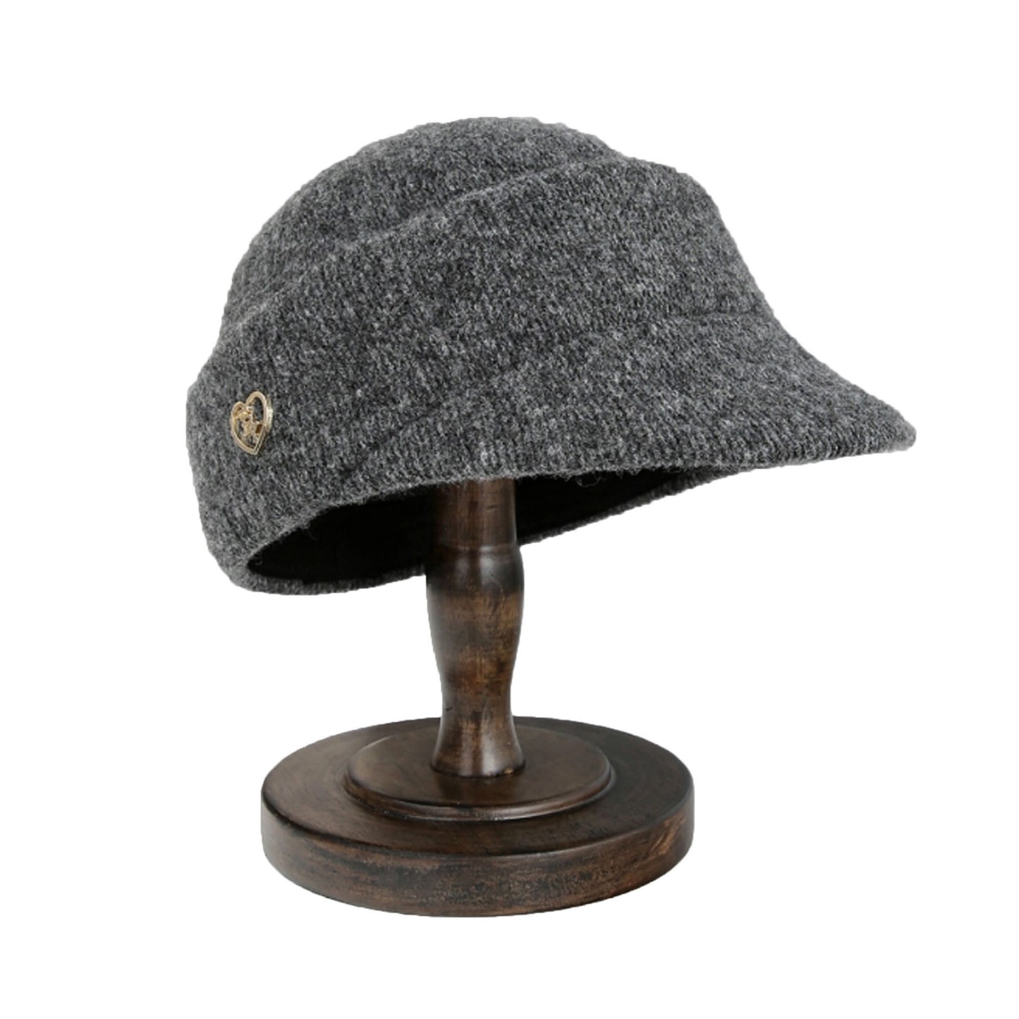 Knit Cloche Hat with Structured Brim and Decorative Metal Accent