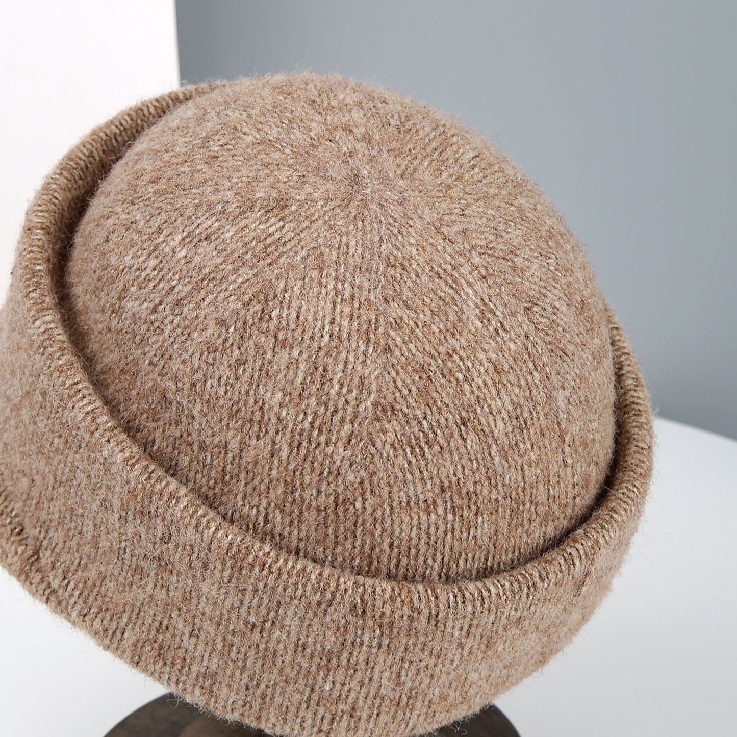 Knit Cloche Hat with Structured Brim and Decorative Metal Accent