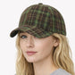 Plaid Baseball Cap with Curved Brim Soft Structured Crown and Adjustable Back Strap