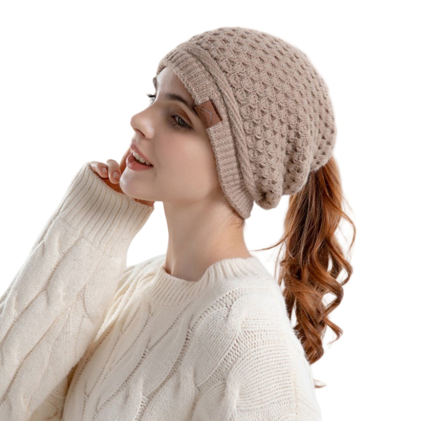 Womens Knit Beanie Hat with Ponytail Opening Soft Slouchy Winter Cap