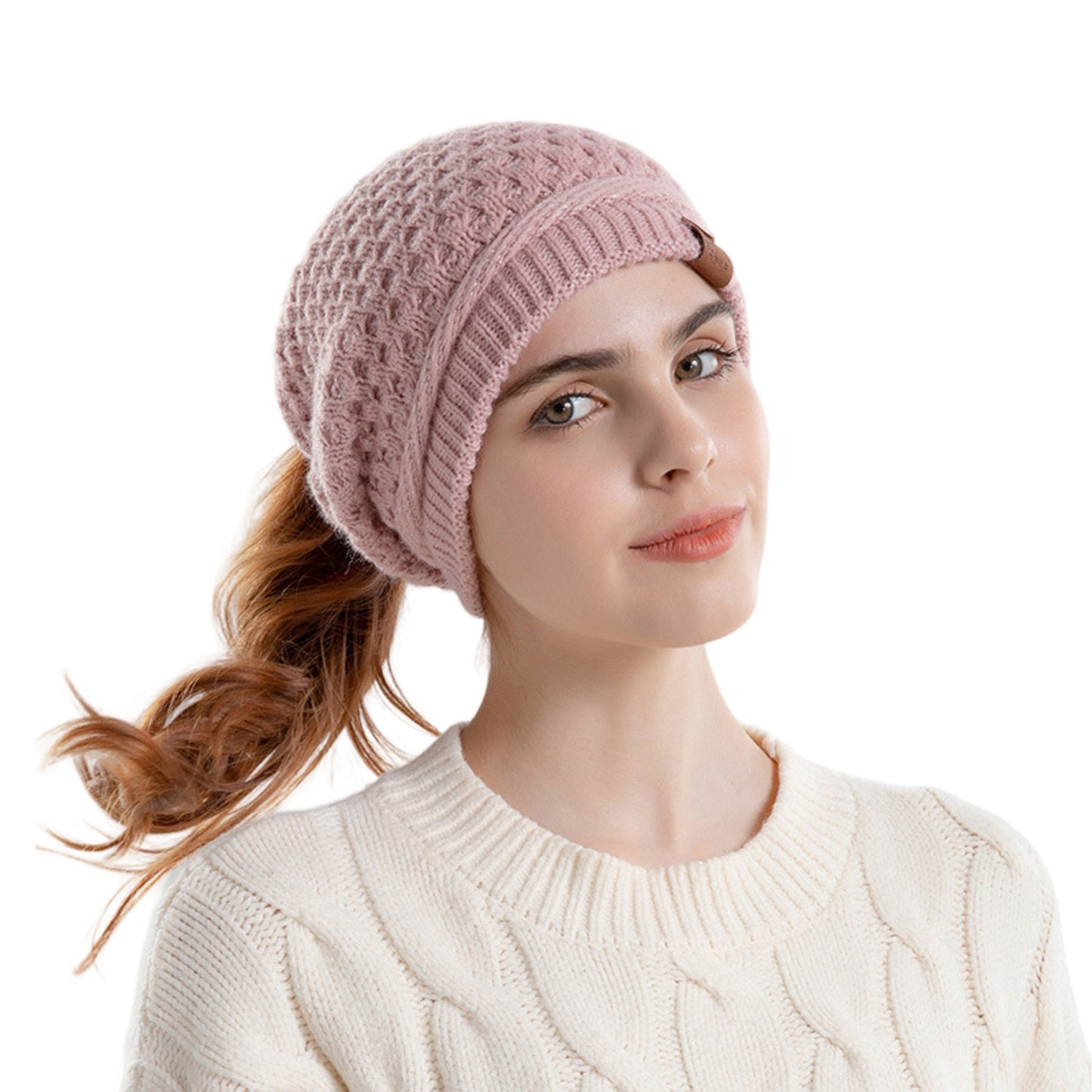 Womens Knit Beanie Hat with Ponytail Opening Soft Slouchy Winter Cap