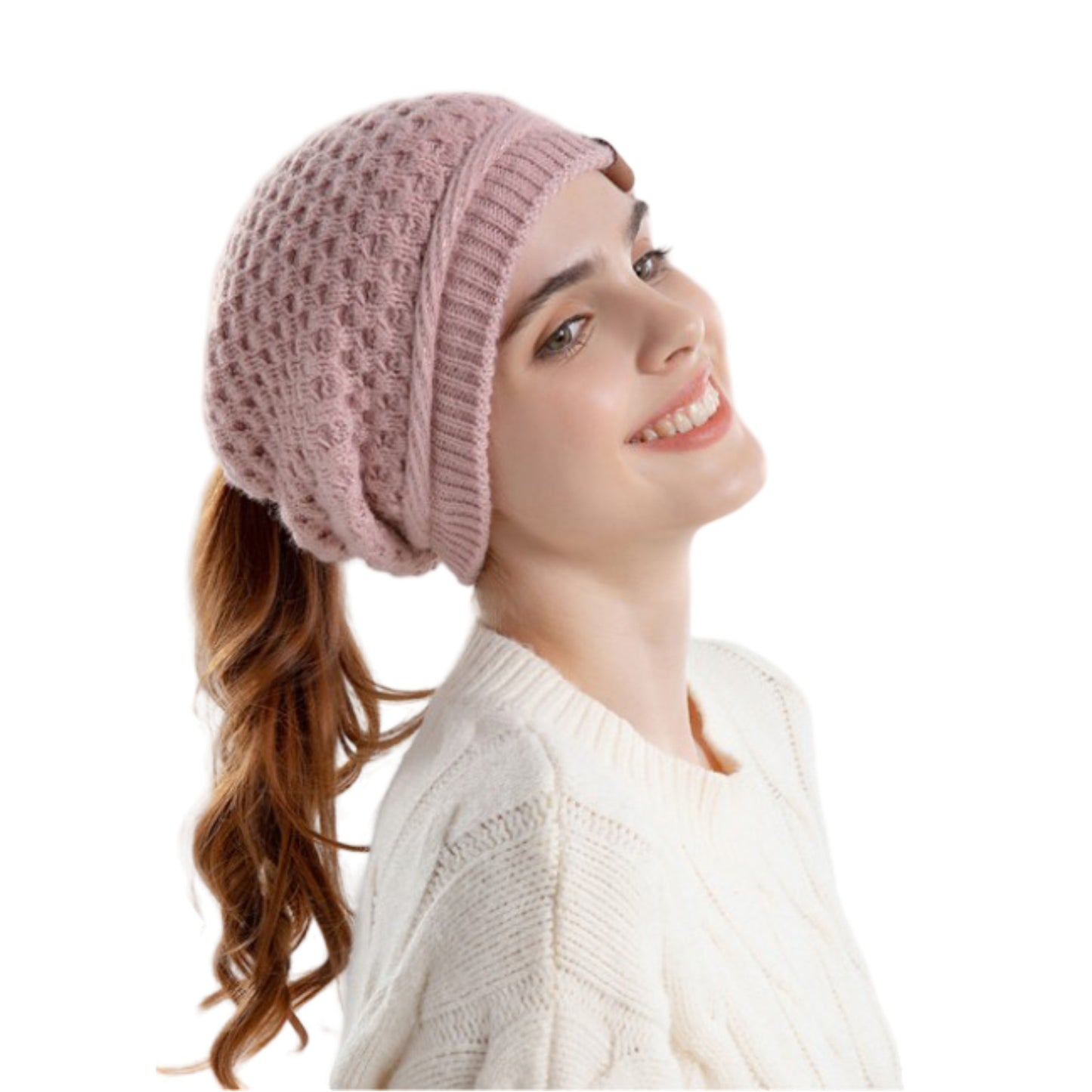 Womens Knit Beanie Hat with Ponytail Opening Soft Slouchy Winter Cap