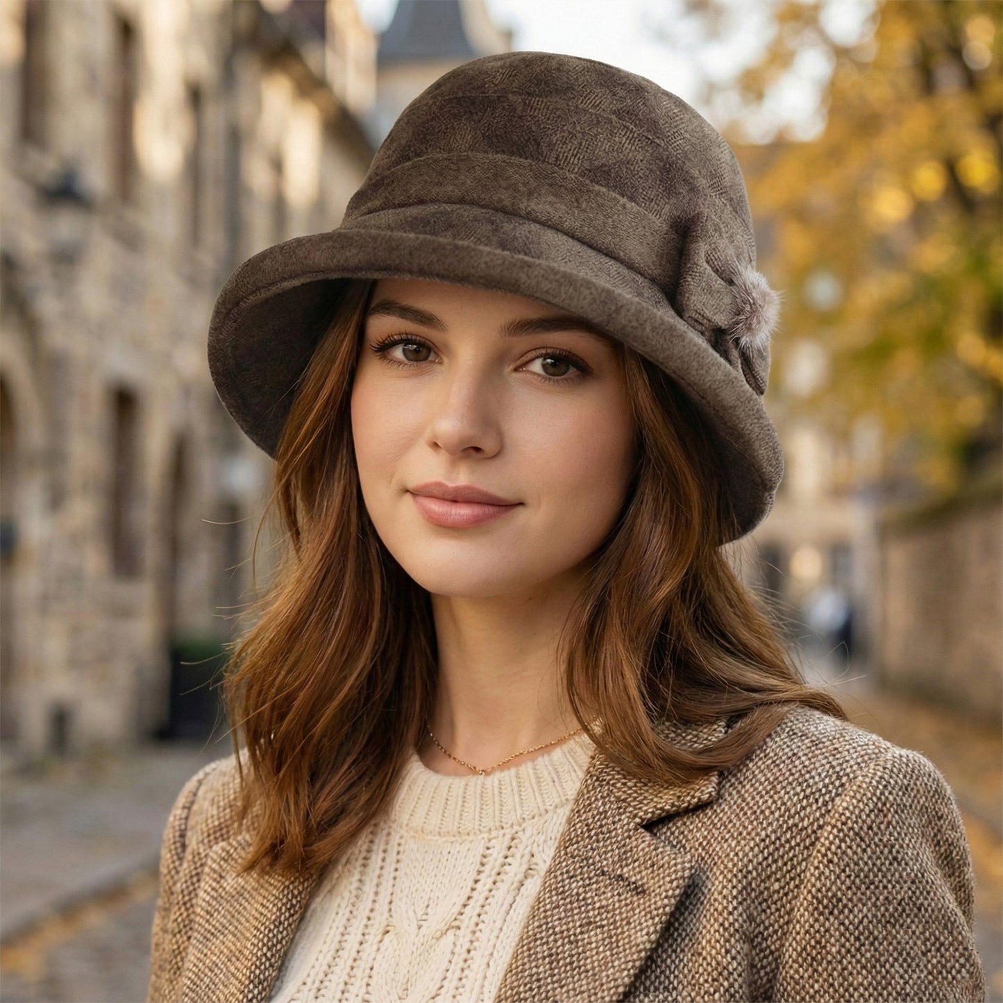 Womens Warm Plaid Roll Brim Bucket Hat with Decorative Side Bow