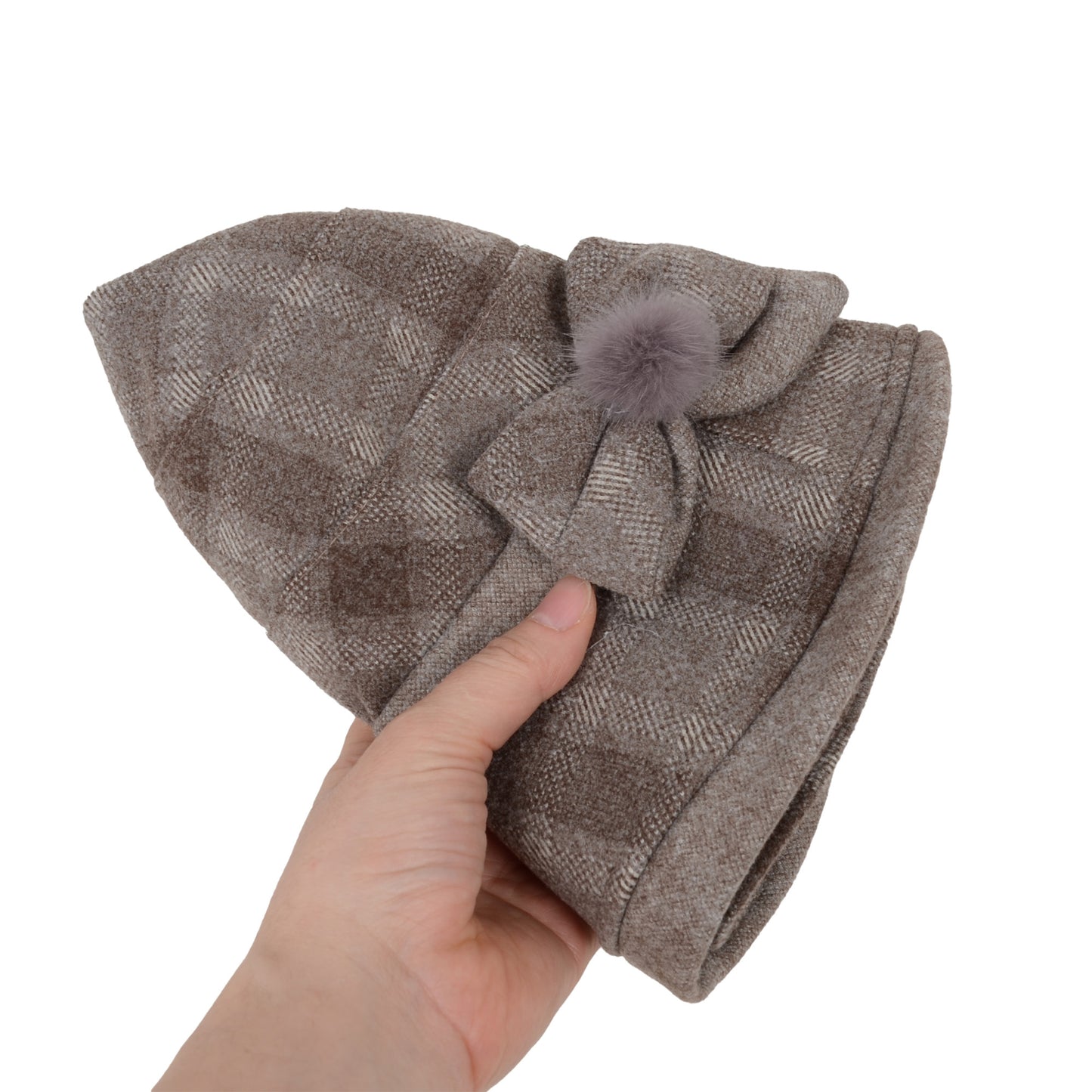 Womens Warm Plaid Roll Brim Bucket Hat with Decorative Side Bow
