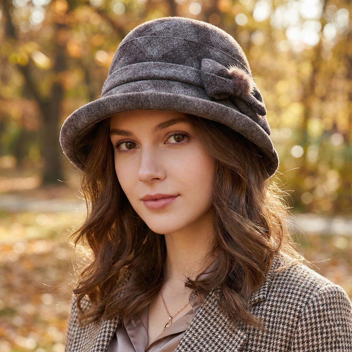 Womens Warm Plaid Roll Brim Bucket Hat with Decorative Side Bow