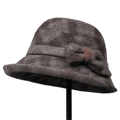 Womens Warm Plaid Roll Brim Bucket Hat with Decorative Side Bow