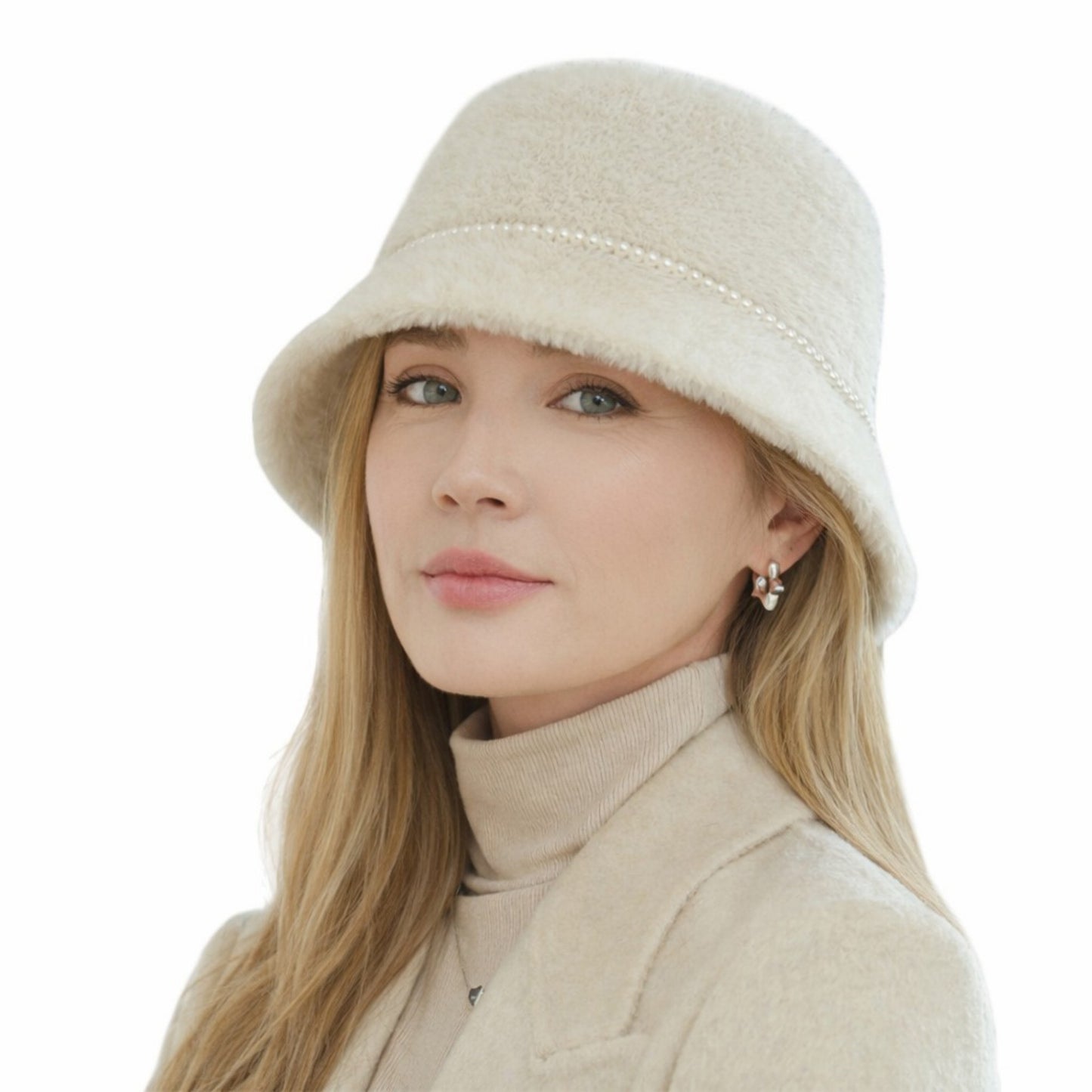 Faux Fur Bucket Hat with Pearl Trim Detail Soft Textured Finish and Structured Cozy Winter Headwear 22-22.8in