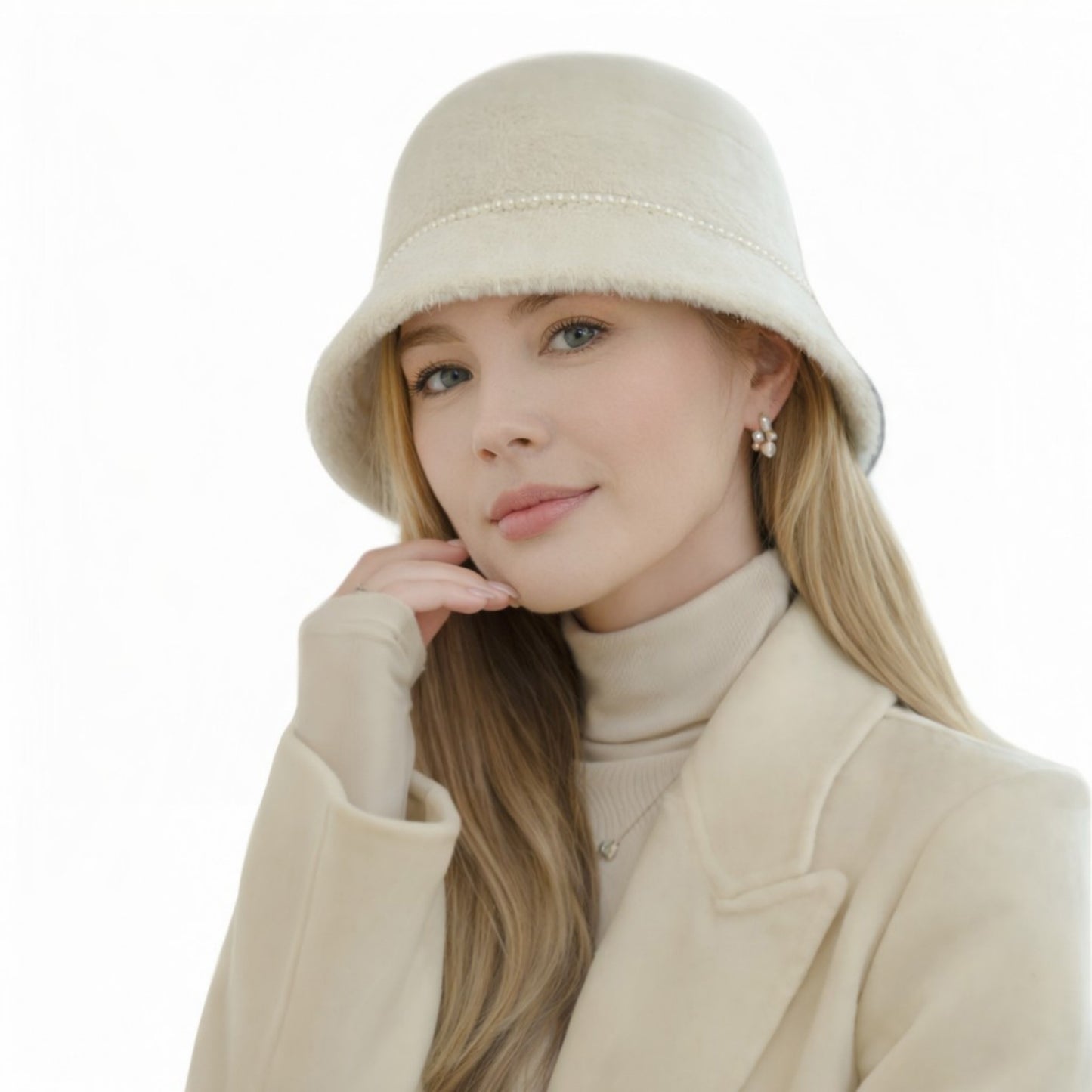 Faux Fur Bucket Hat with Pearl Trim Detail Soft Textured Finish and Structured Cozy Winter Headwear 22-22.8in