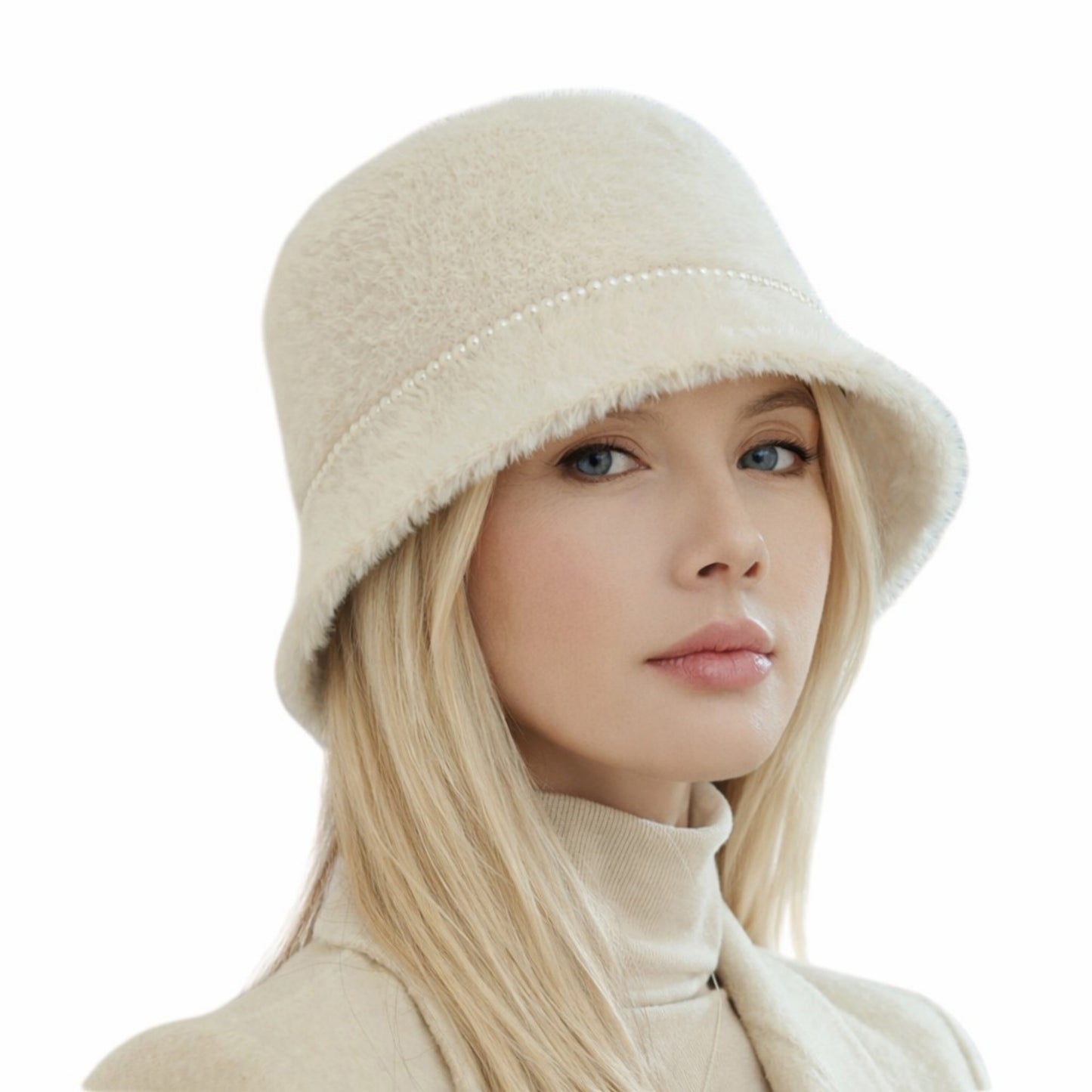 Faux Fur Bucket Hat with Pearl Trim Detail Soft Textured Finish and Structured Cozy Winter Headwear 22-22.8in