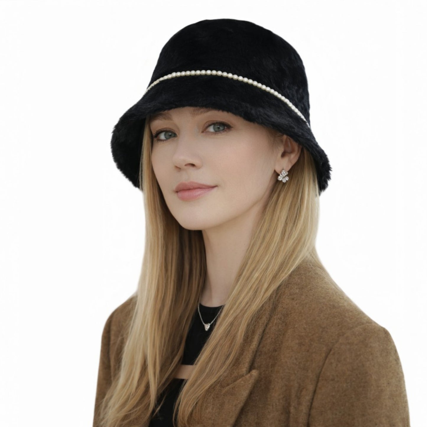 Faux Fur Bucket Hat with Pearl Trim Detail Soft Textured Finish and Structured Cozy Winter Headwear 22-22.8in
