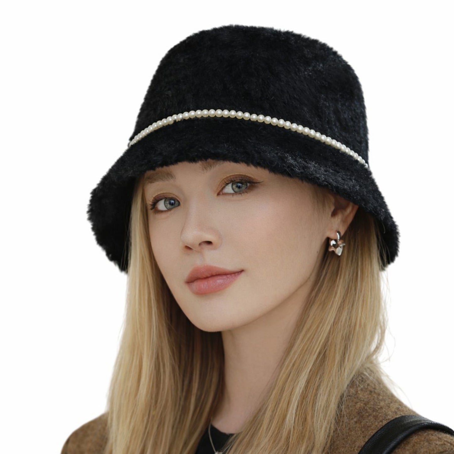 Faux Fur Bucket Hat with Pearl Trim Detail Soft Textured Finish and Structured Cozy Winter Headwear 22-22.8in