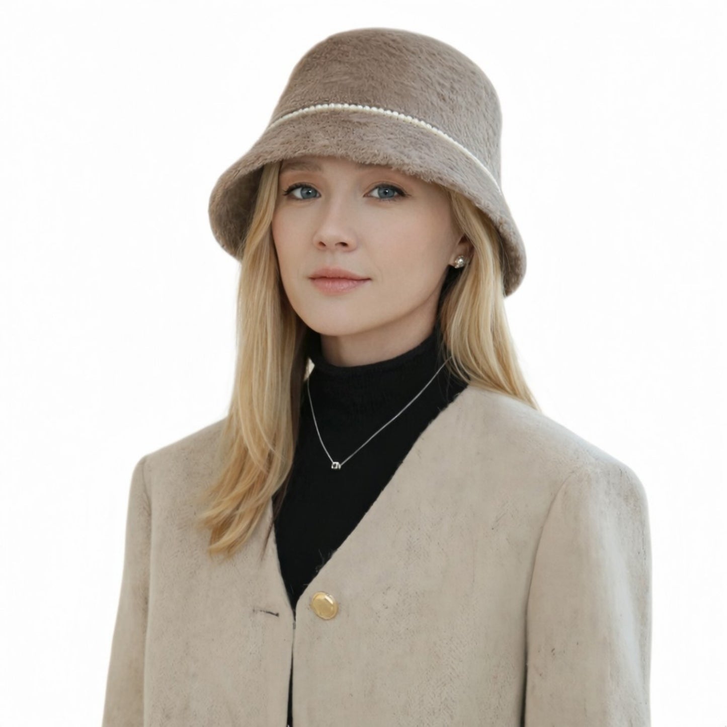 Faux Fur Bucket Hat with Pearl Trim Detail Soft Textured Finish and Structured Cozy Winter Headwear 22-22.8in
