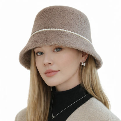 Faux Fur Bucket Hat with Pearl Trim Detail Soft Textured Finish and Structured Cozy Winter Headwear 22-22.8in