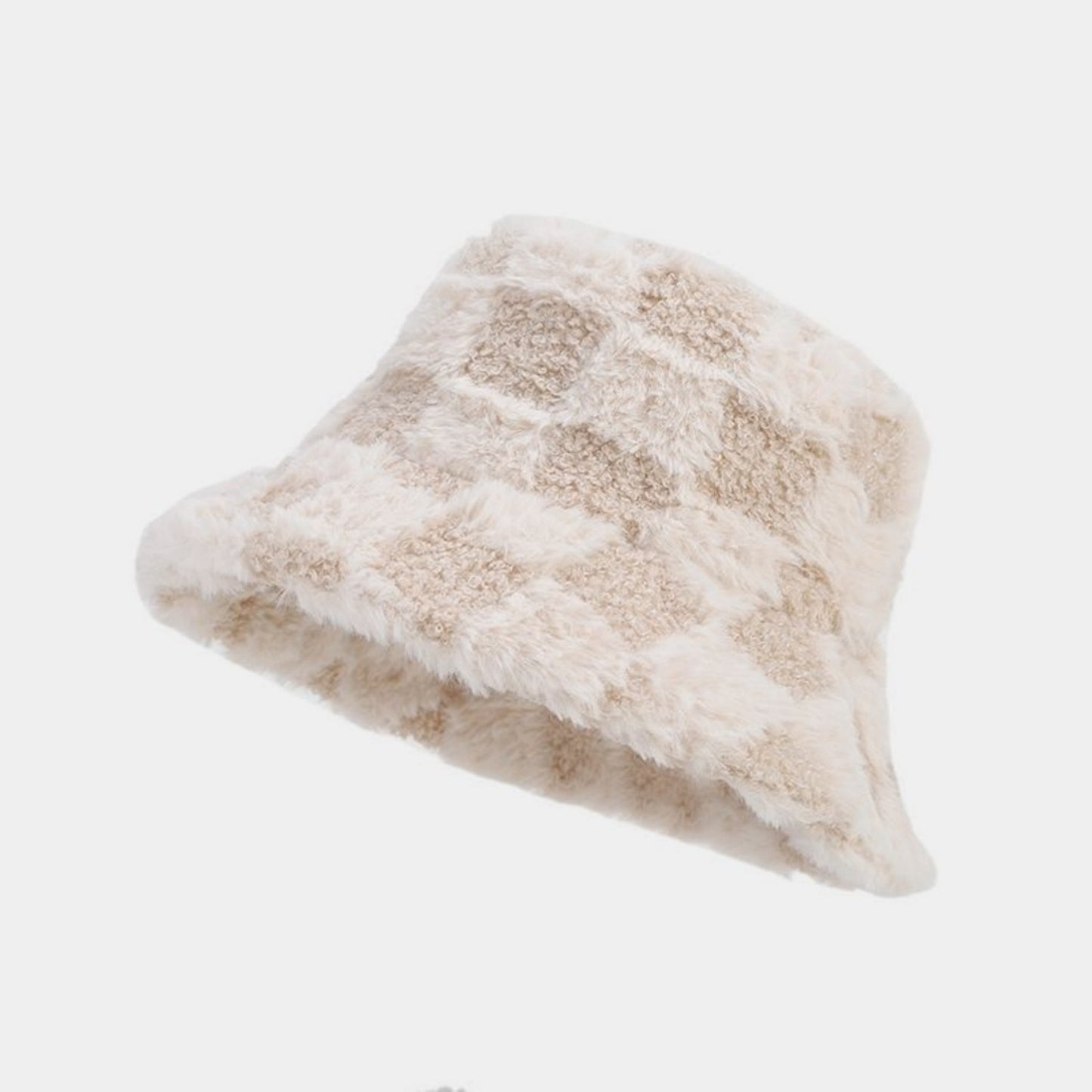 Faux Shearling Checkered Bucket Hat with Soft Textured Finish 22-22.8in