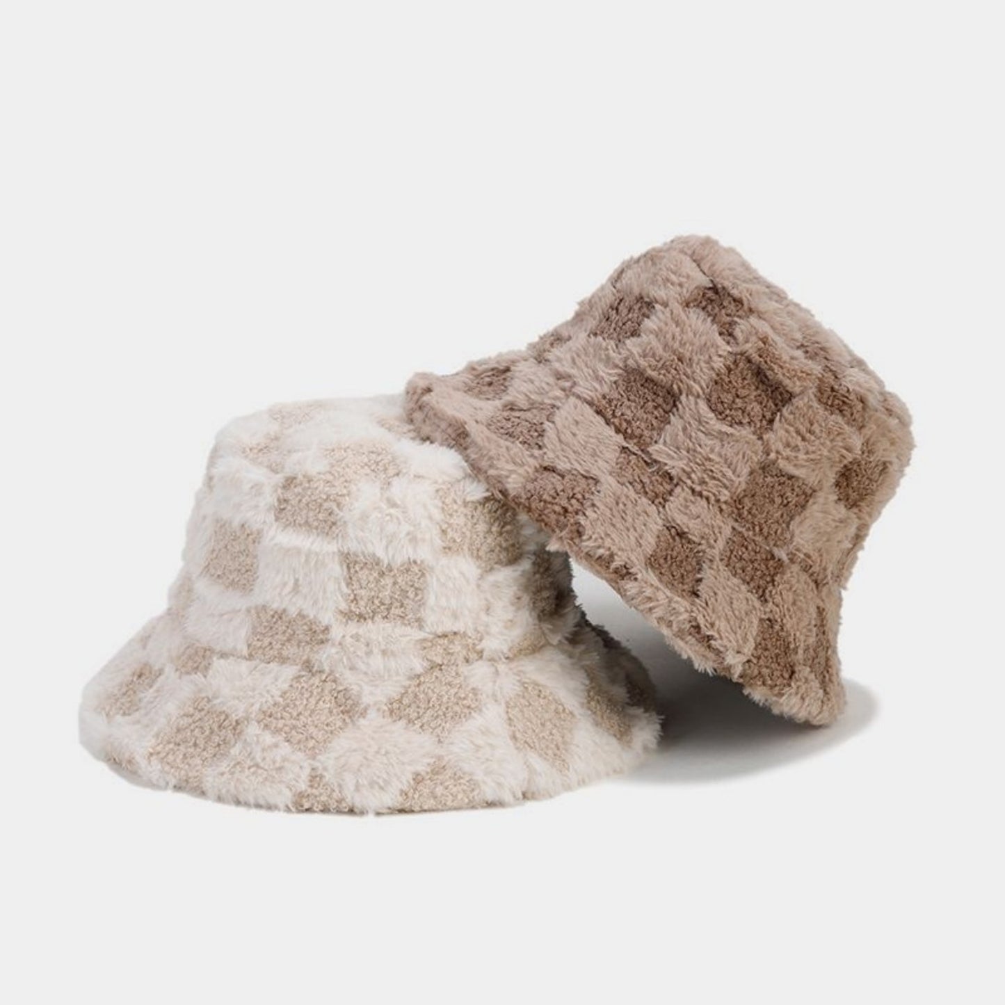 Faux Shearling Checkered Bucket Hat with Soft Textured Finish 22-22.8in