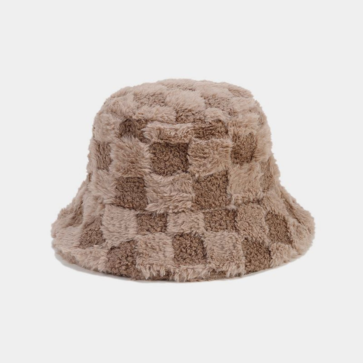 Faux Shearling Checkered Bucket Hat with Soft Textured Finish 22-22.8in