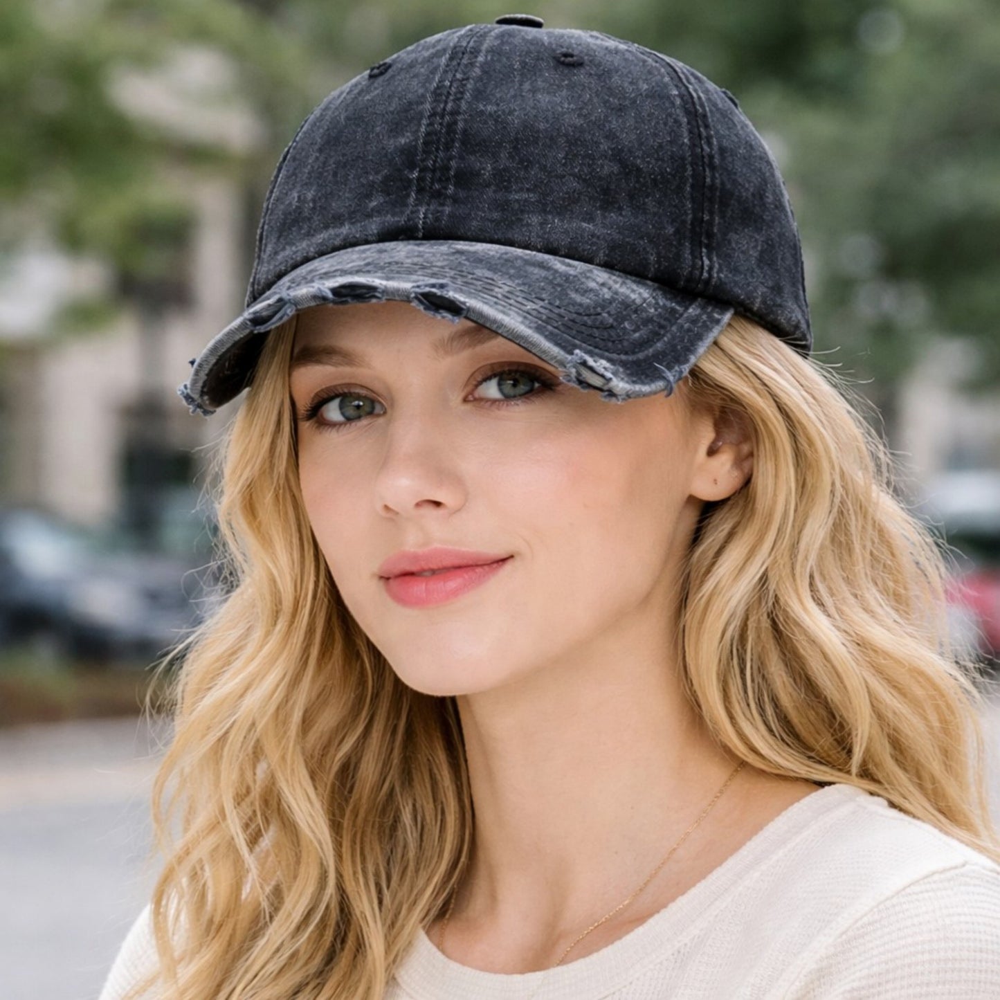 Distressed Washed Baseball Cap with Curved Brim