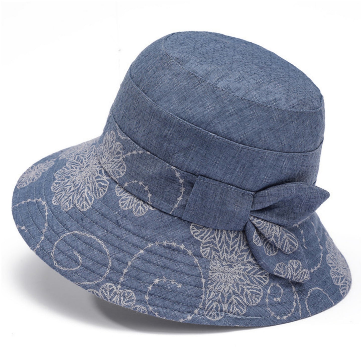 Embroidered Floral Bucket Hat with Side Bow Detail 22-22.8in