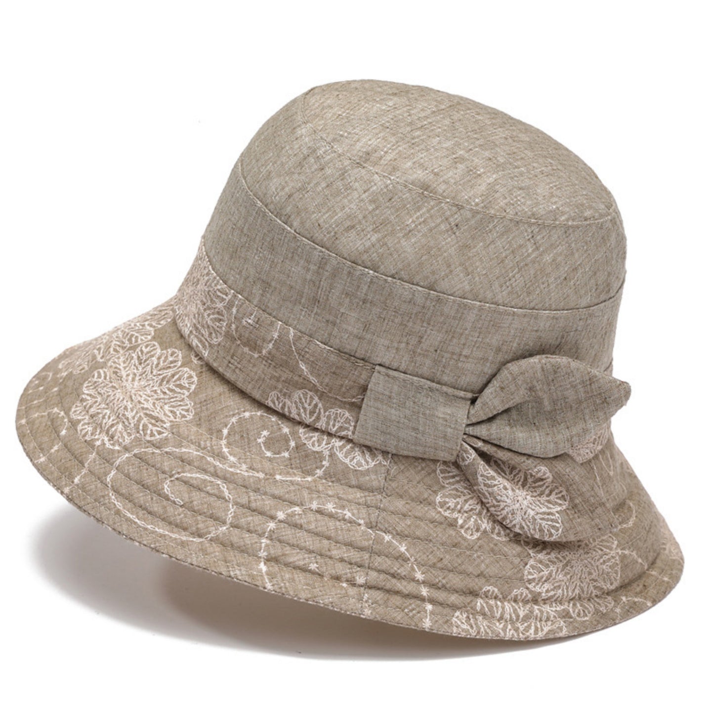 Embroidered Floral Bucket Hat with Side Bow Detail 22-22.8in