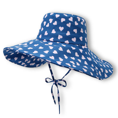 Womens Wide Brim Sun Hat with Valentine Heart Print Lightweight Packable Design