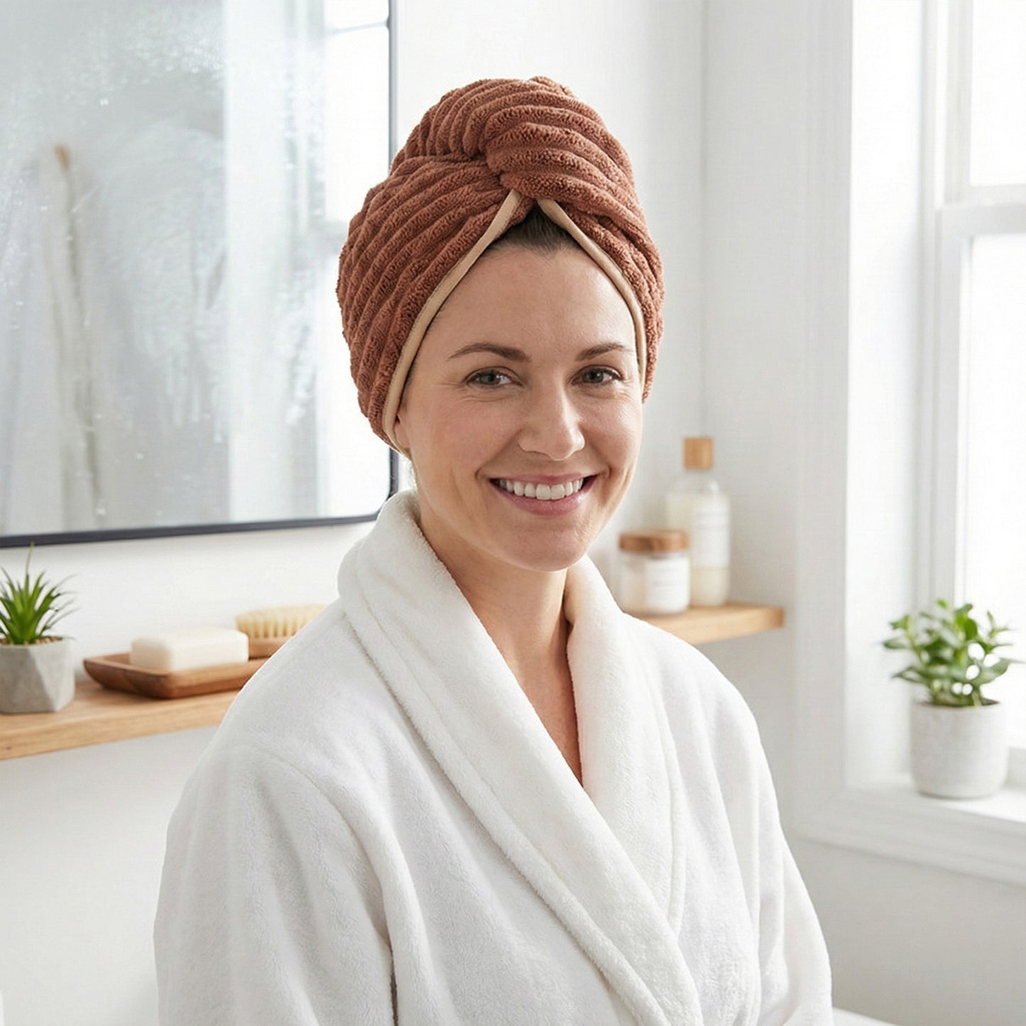 Absorbent Plush Hair Drying Towel Cap with Button Closure for Gentle Drying
