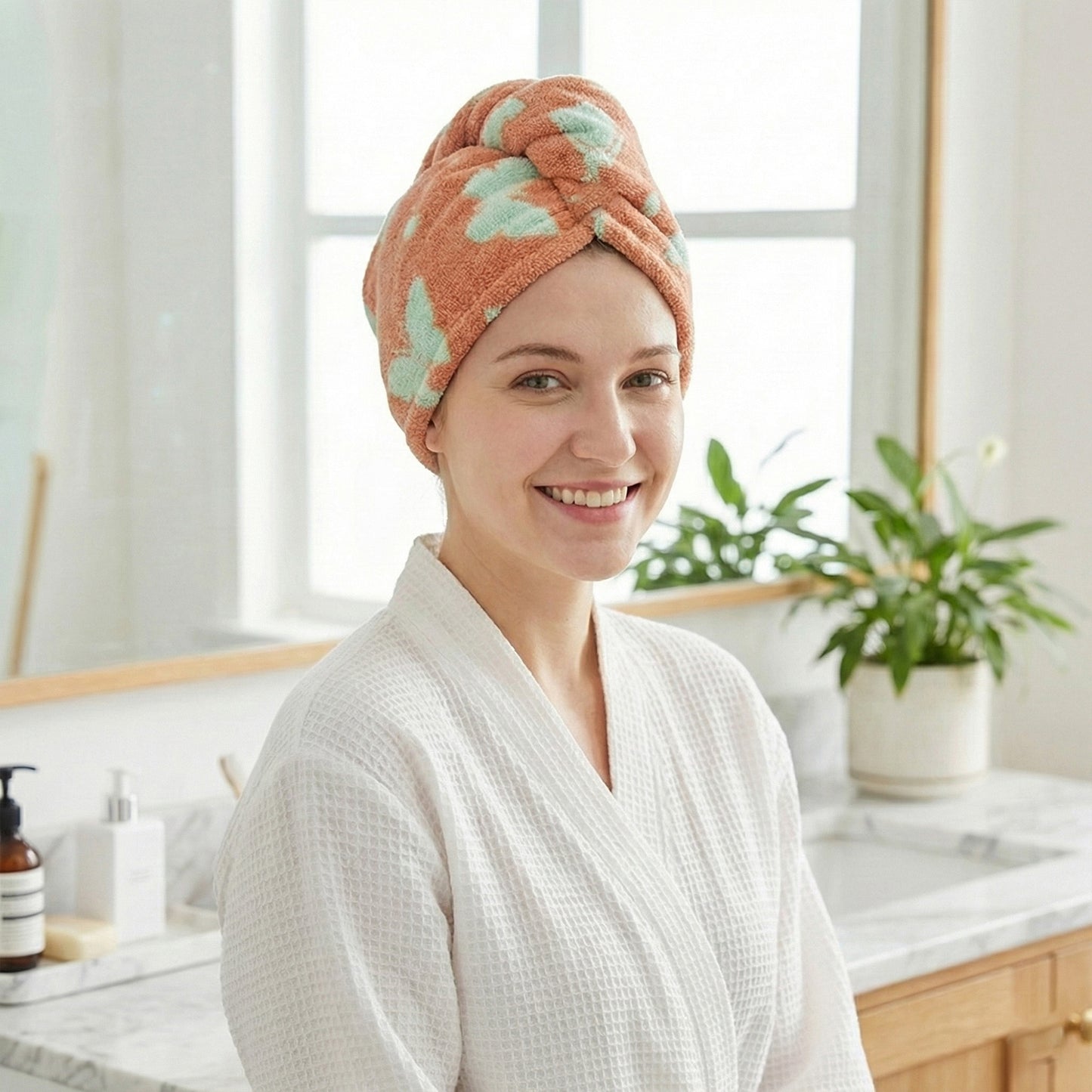 Plush Thickened Butterfly Jacquard Hair Drying Cap with Button Closure