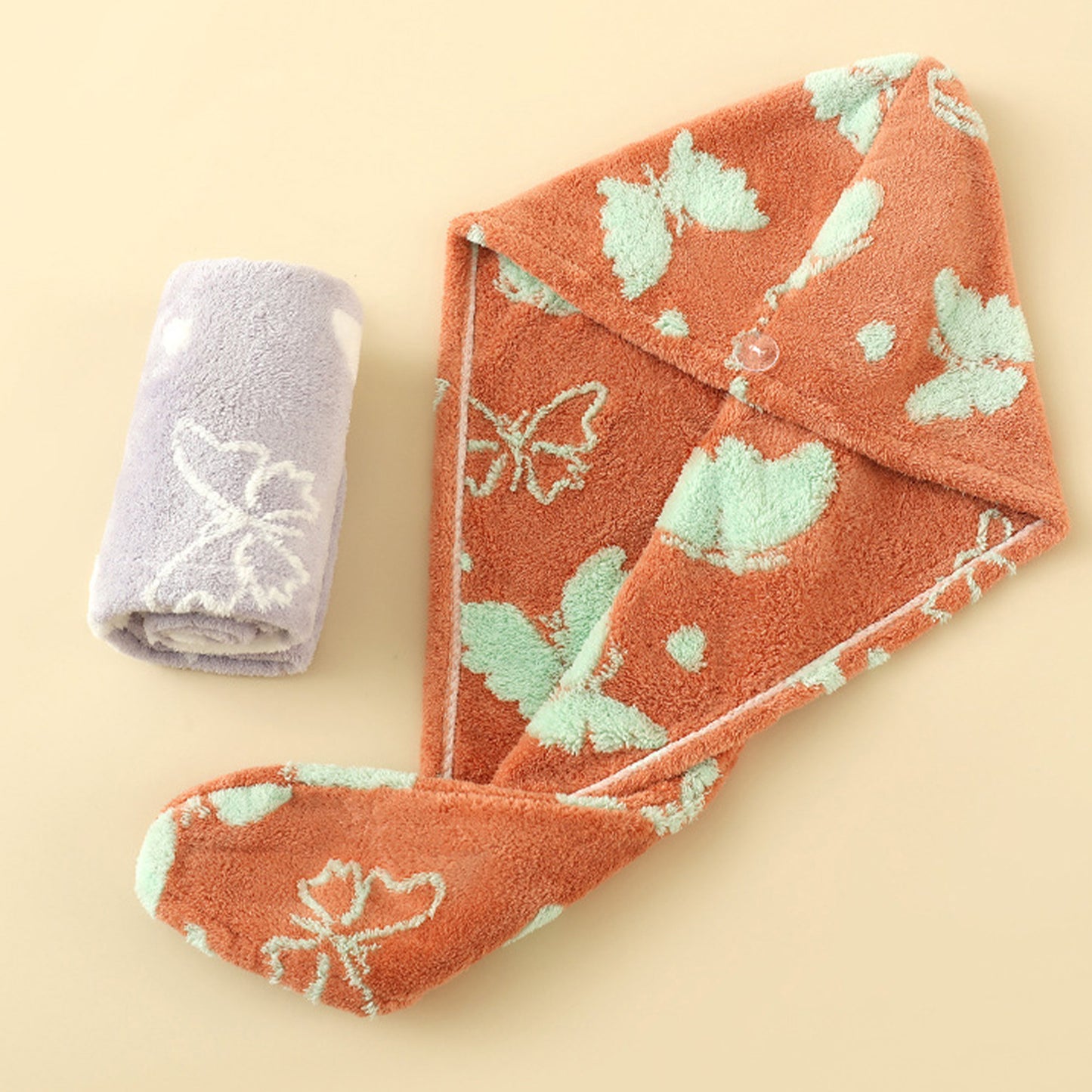 Plush Thickened Butterfly Jacquard Hair Drying Cap with Button Closure