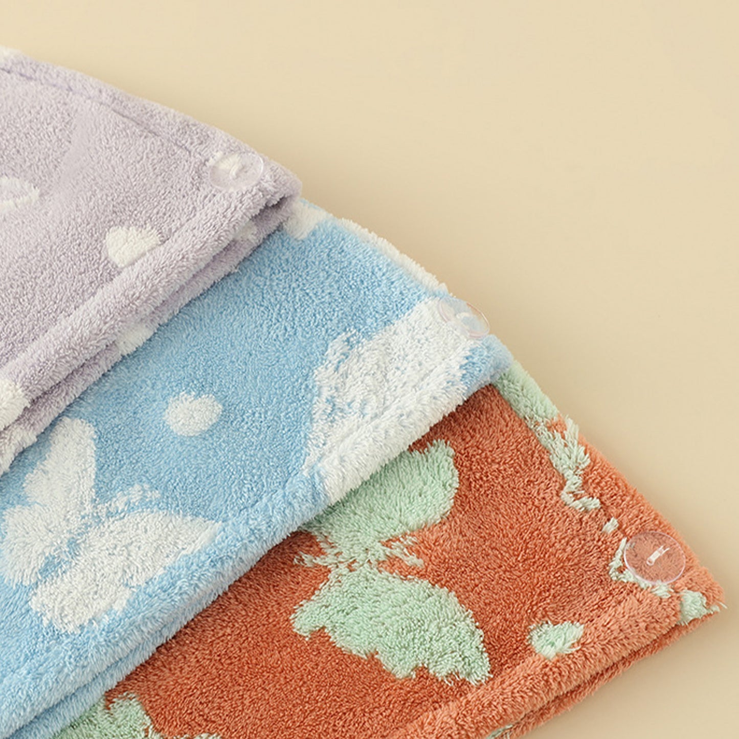 Plush Thickened Butterfly Jacquard Hair Drying Cap with Button Closure