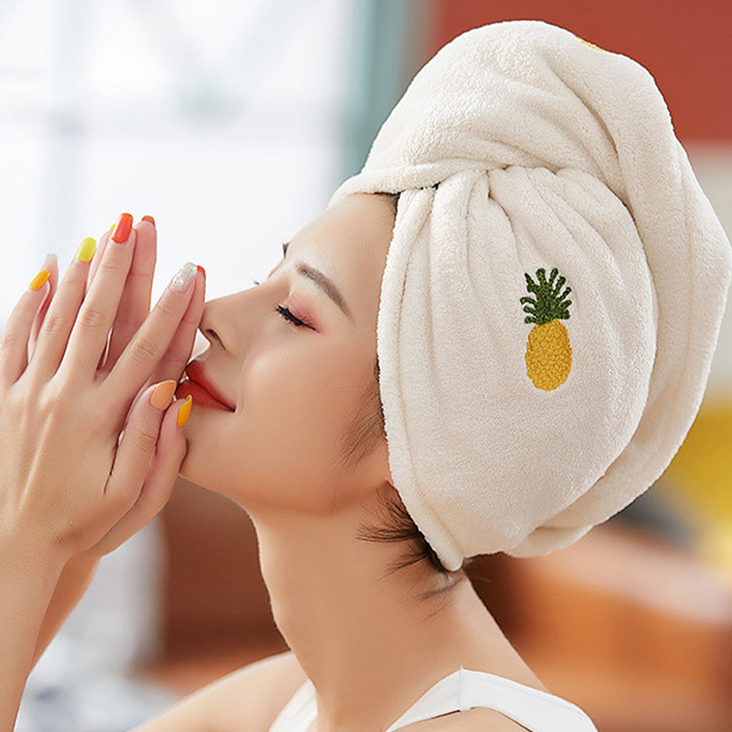 Soft Cute Hair Drying Towel Cap with Secure Button Loop for Fast Absorbent