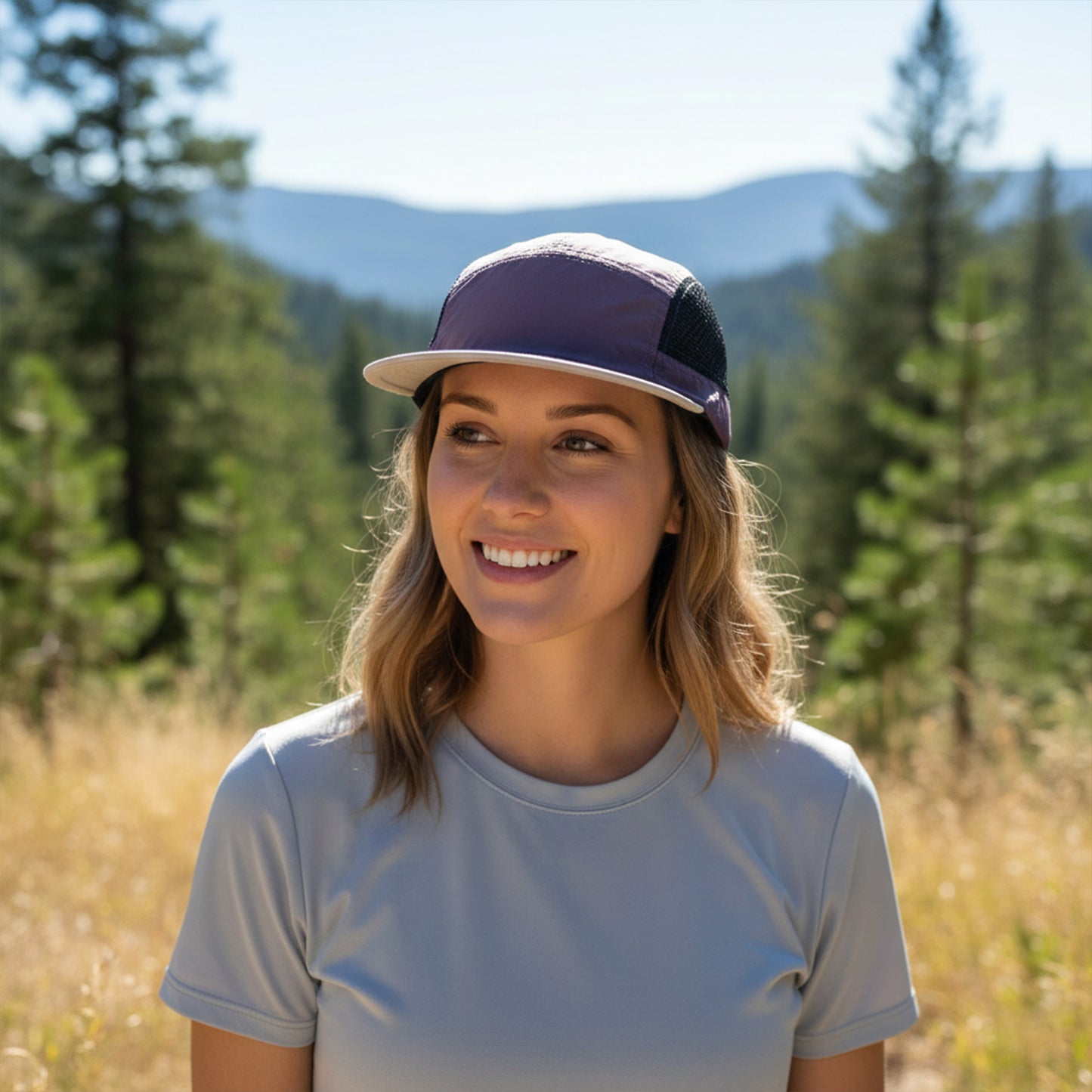 Short Brim Lightweight Mesh Panel Adjustable Five Panel Cap