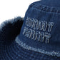 Denim Bucket Hat with Frayed Brim Embroidered Lettering and Adjustable Chin Strap