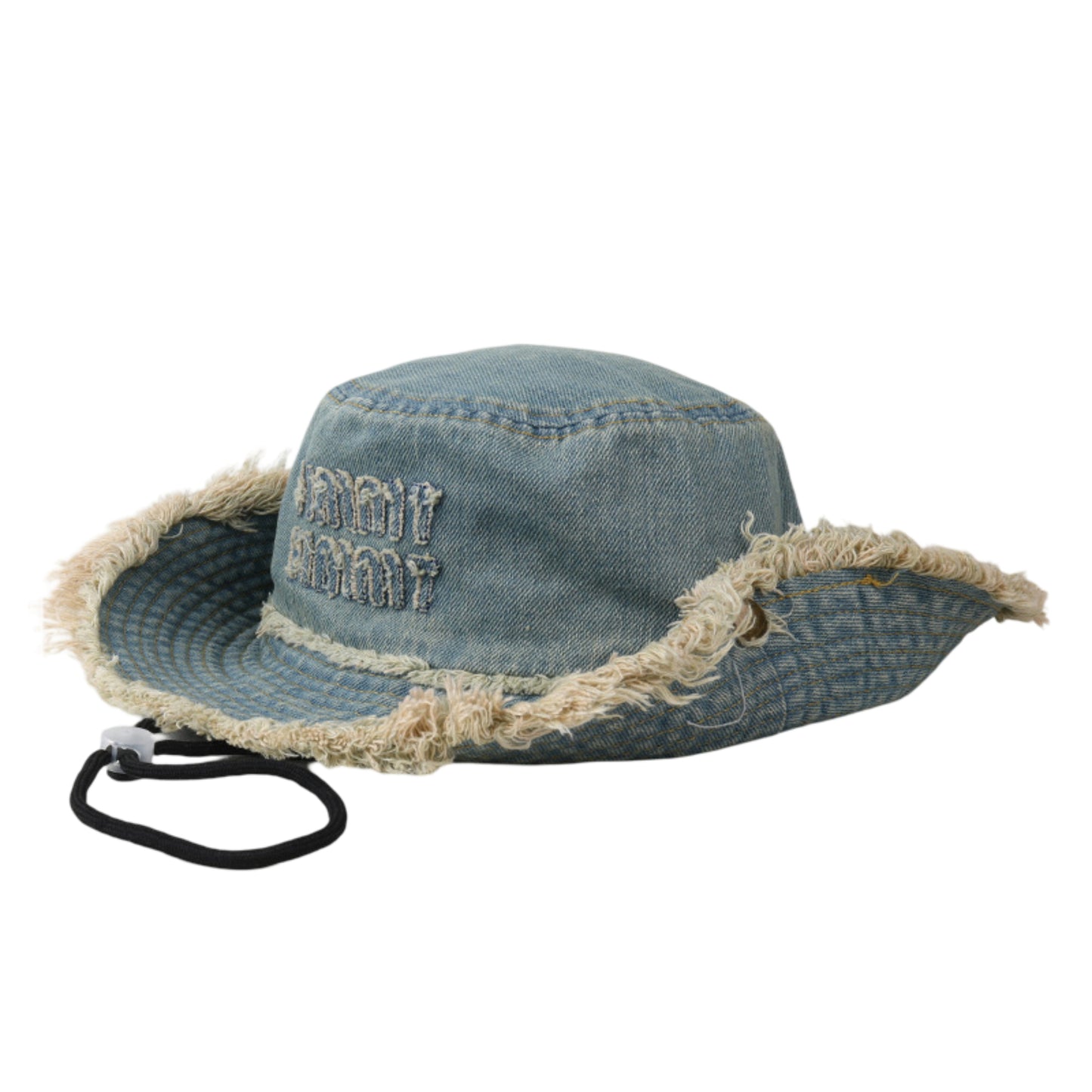 Denim Bucket Hat with Frayed Brim Embroidered Lettering and Adjustable Chin Strap