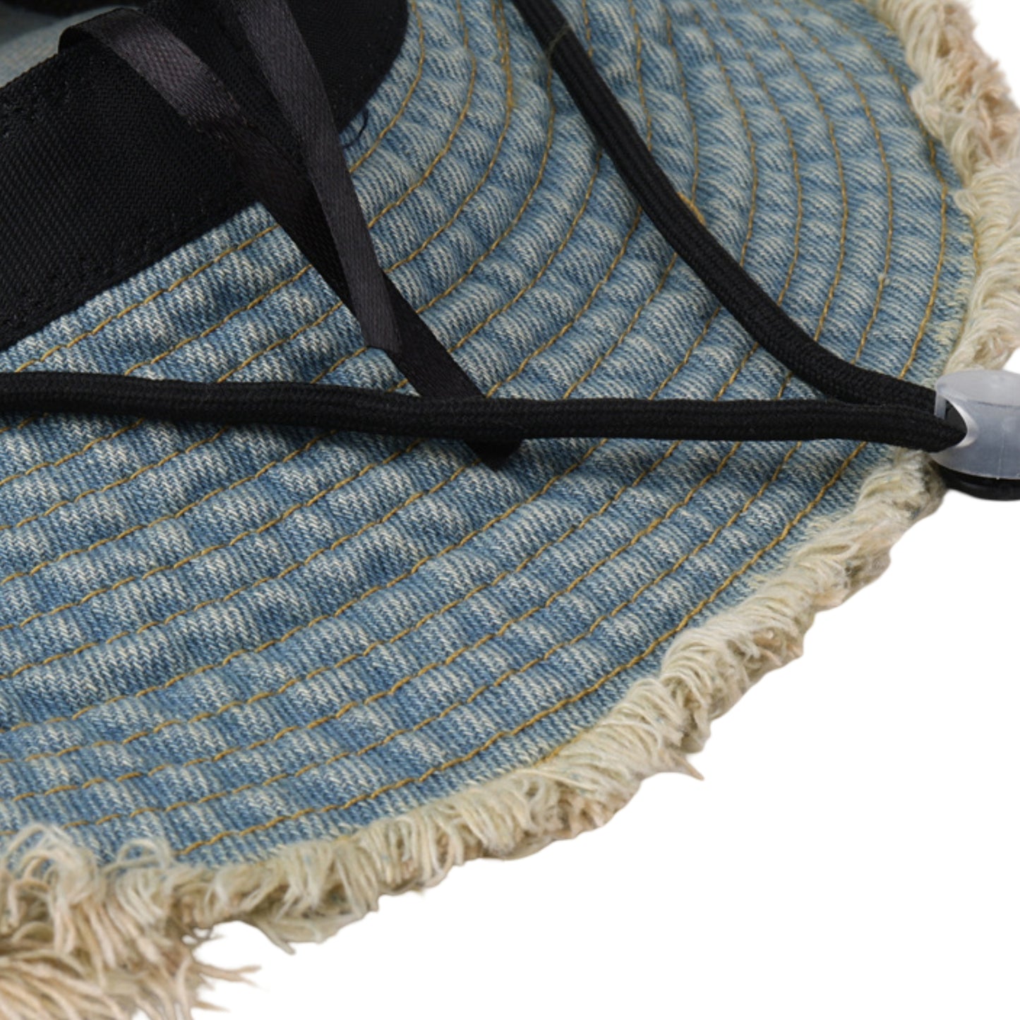 Denim Bucket Hat with Frayed Brim Embroidered Lettering and Adjustable Chin Strap