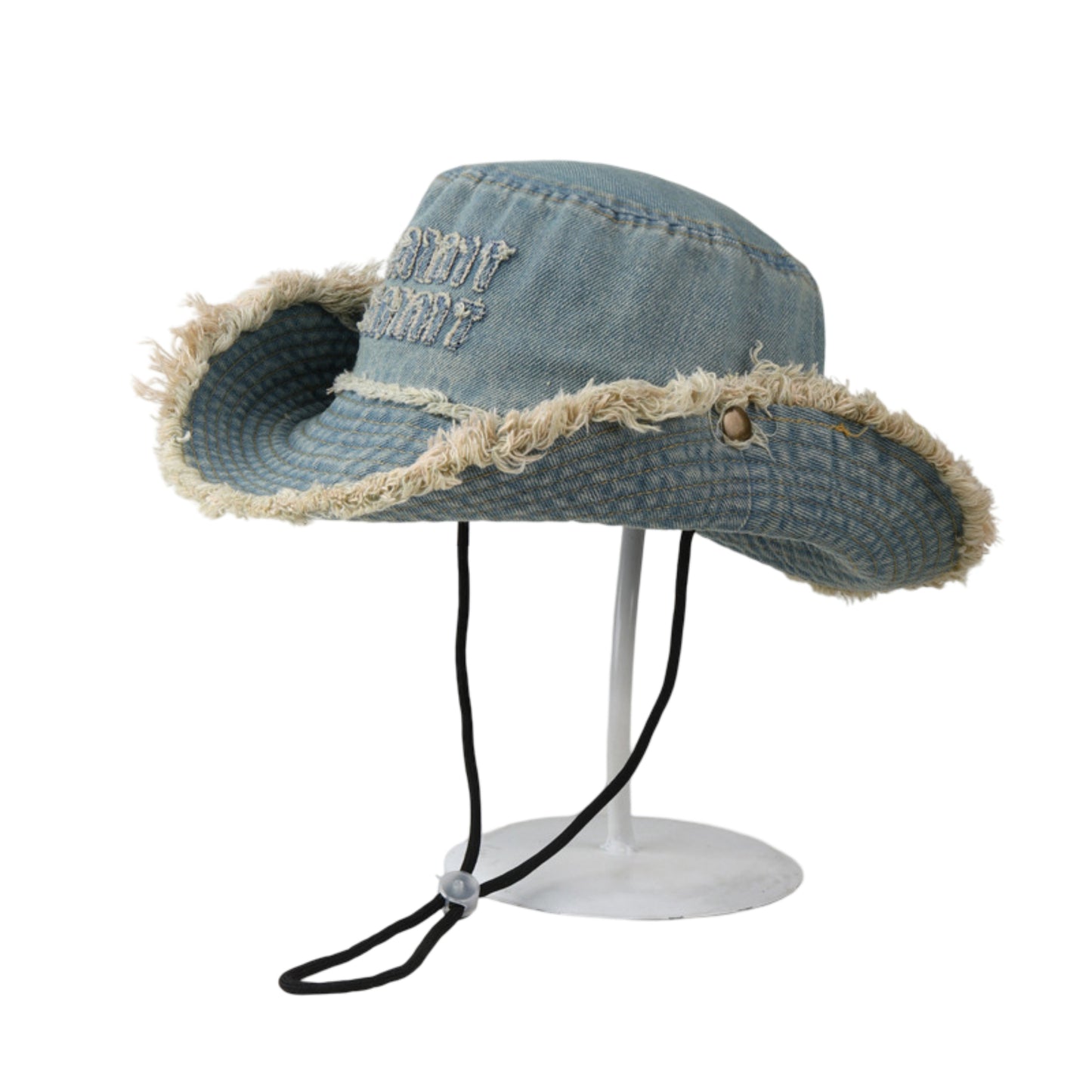 Denim Bucket Hat with Frayed Brim Embroidered Lettering and Adjustable Chin Strap