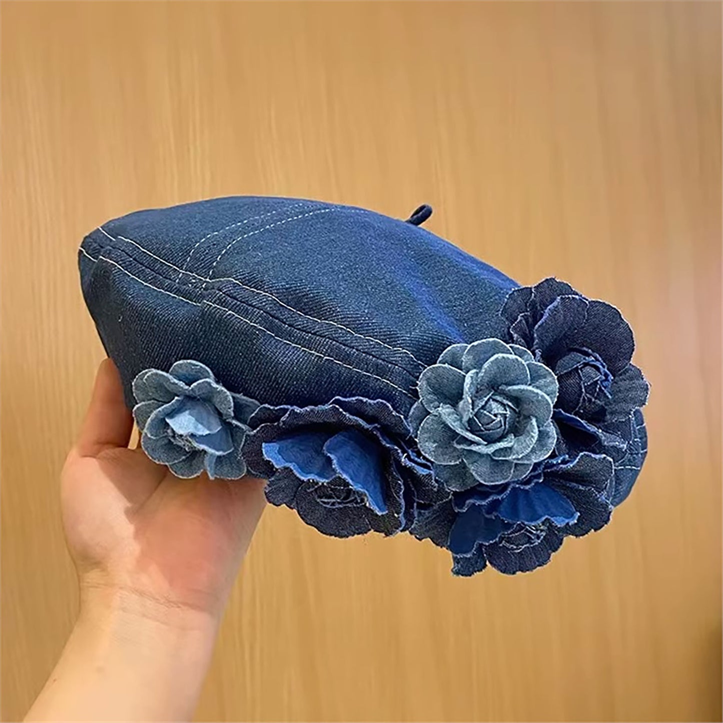 Floral Denim Beret Hat Soft Structured Fashion Cap