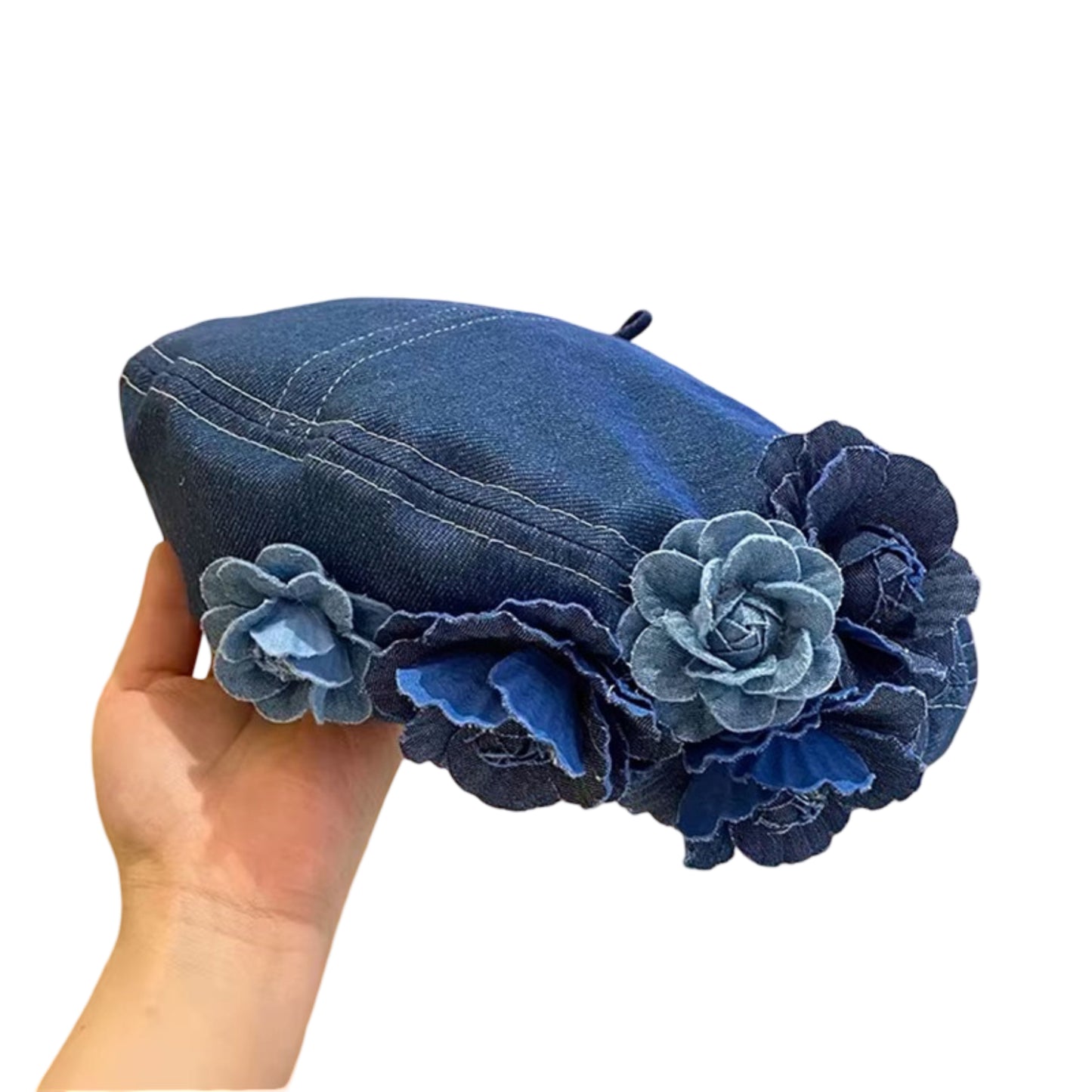 Floral Denim Beret Hat Soft Structured Fashion Cap