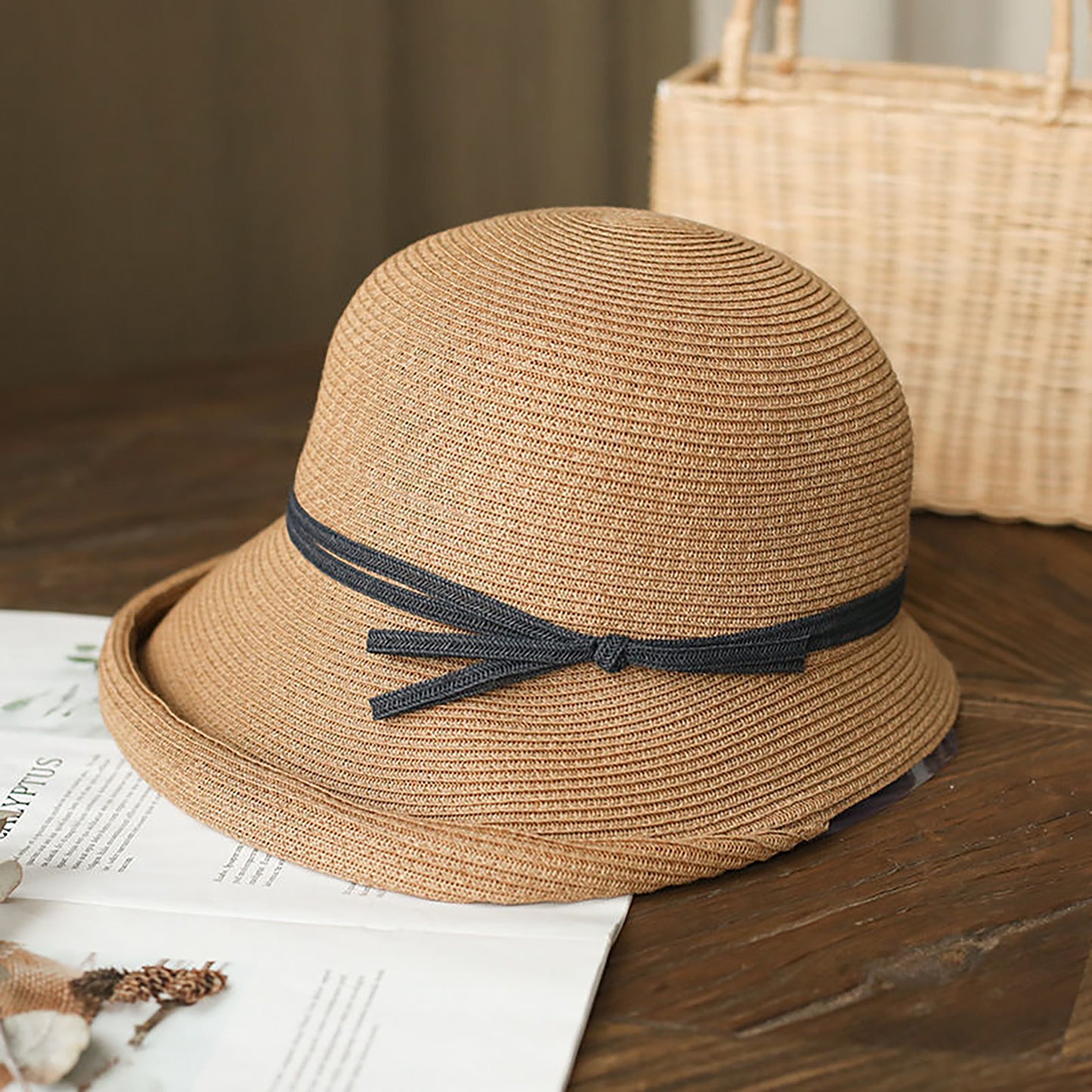 Womens Packable Straw Cloche Hat with Ribbon Band