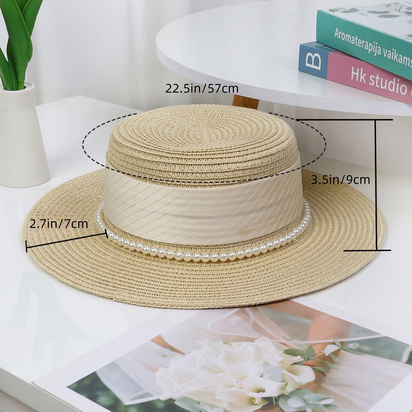 Straw Boater Hat with Flat Brim Structured Crown Pearl Ribbon Band Detail