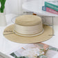 Straw Boater Hat with Flat Brim Structured Crown Pearl Ribbon Band Detail