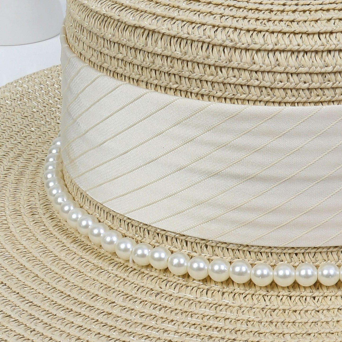 Straw Boater Hat with Flat Brim Structured Crown Pearl Ribbon Band Detail