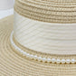 Straw Boater Hat with Flat Brim Structured Crown Pearl Ribbon Band Detail