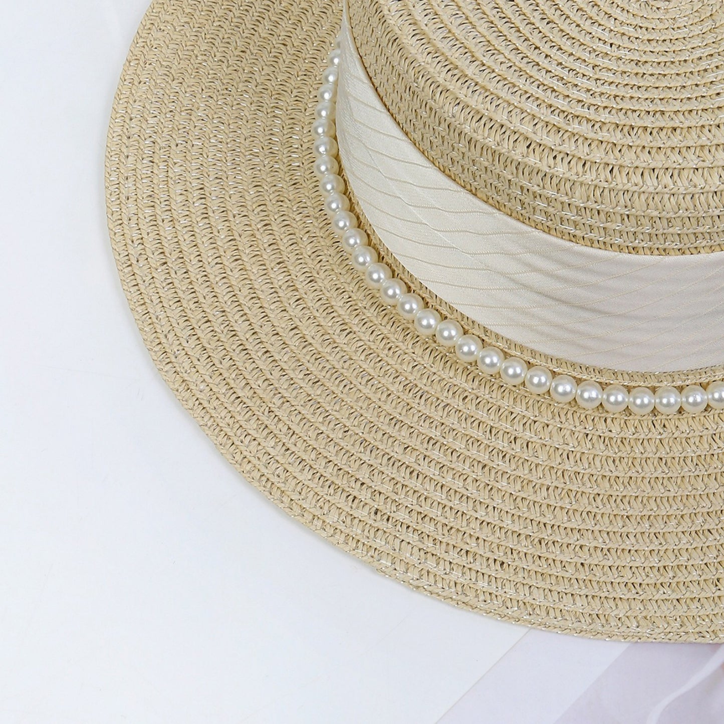 Straw Boater Hat with Flat Brim Structured Crown Pearl Ribbon Band Detail