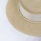 Straw Boater Hat with Flat Brim Structured Crown Pearl Ribbon Band Detail