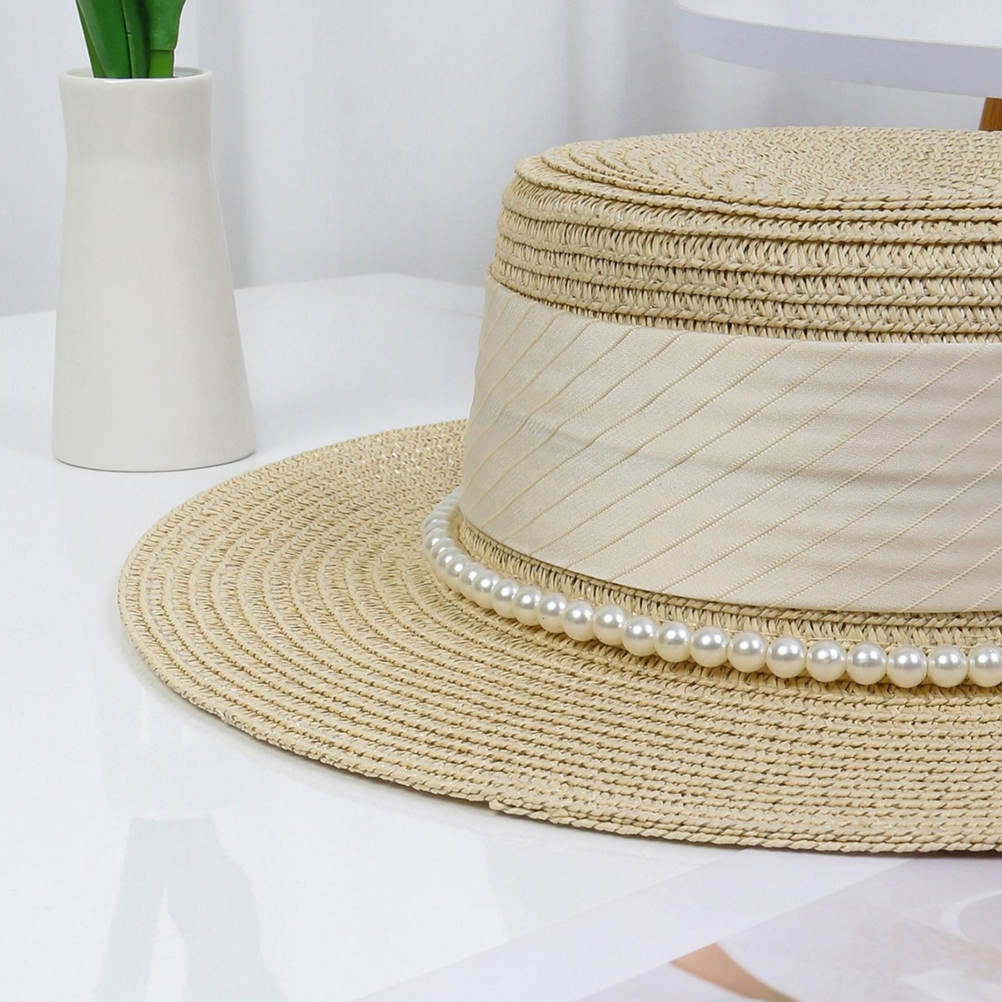 Straw Boater Hat with Flat Brim Structured Crown Pearl Ribbon Band Detail