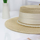 Straw Boater Hat with Flat Brim Structured Crown Pearl Ribbon Band Detail