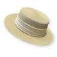 Straw Boater Hat with Flat Brim Structured Crown Pearl Ribbon Band Detail