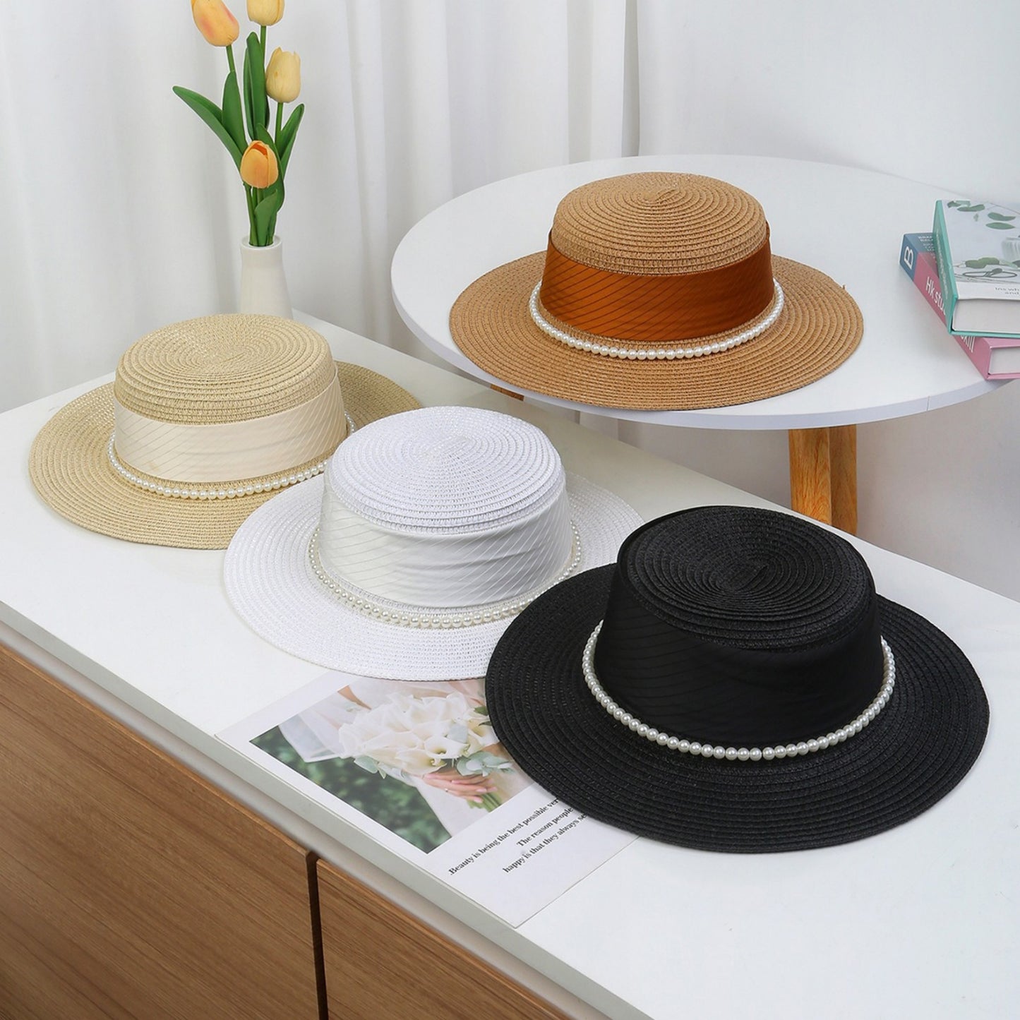 Straw Boater Hat with Flat Brim Structured Crown Pearl Ribbon Band Detail