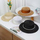 Straw Boater Hat with Flat Brim Structured Crown Pearl Ribbon Band Detail